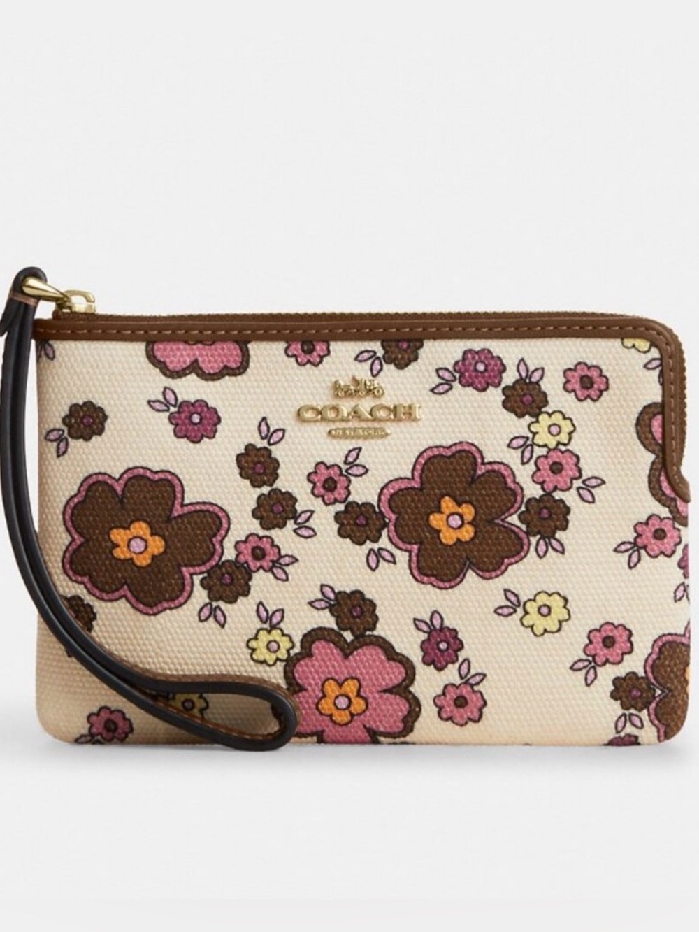 Coach Floral Zip Wristlet in Cream, Pink & Brown